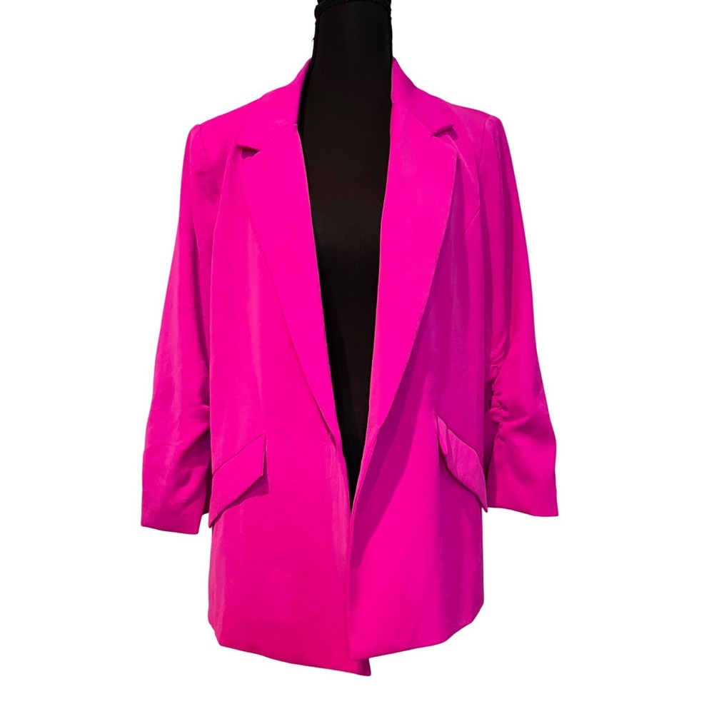 Skies Are Blue Women's Fuchsia Blazer Jacket Size L Ruched Sleeves Pockets